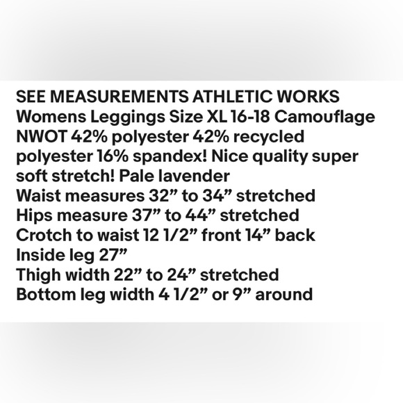 ATHLETIC WORKS Womens Leggings Size XL 16-18 Pale Lavender Soft Stretch NWOT - Picture 9 of 9